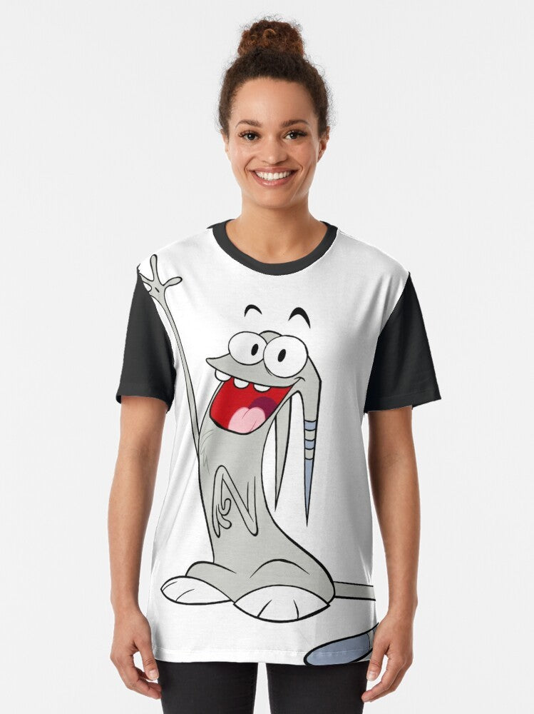 Waffle graphic t-shirt with a cartoon cat design in gray - Women