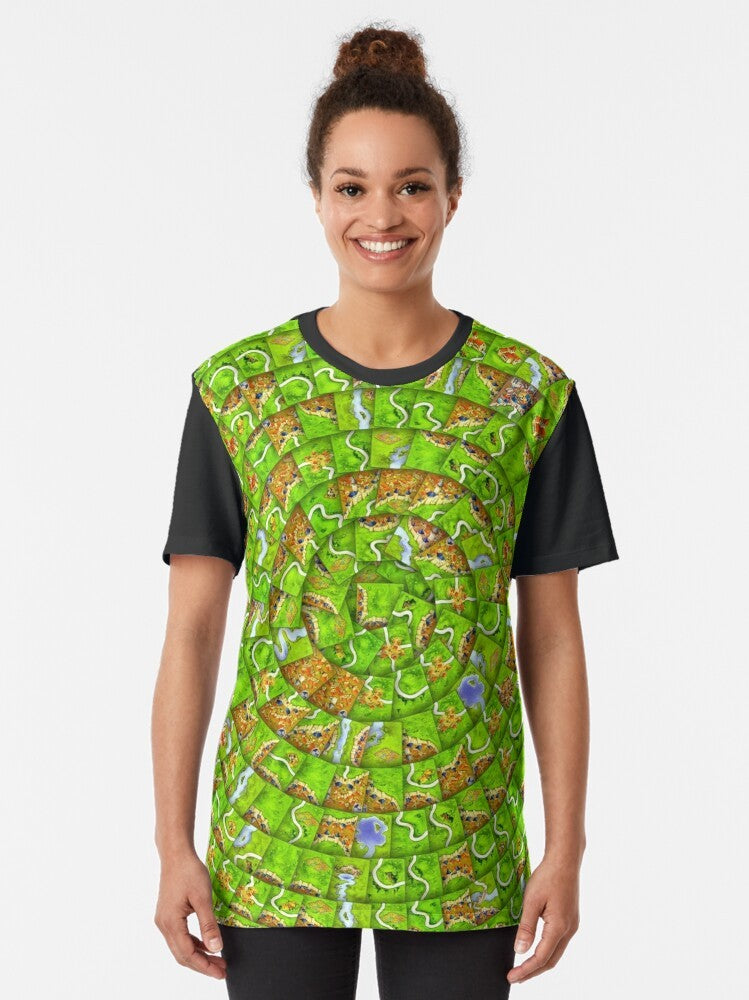 Carcassonne board game themed swirl graphic t-shirt - Women