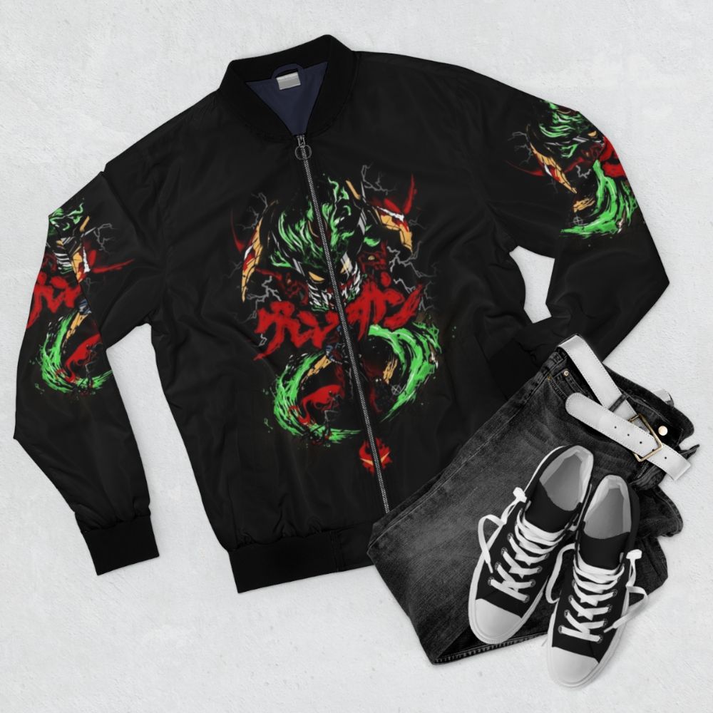 Gurren Lagann Anime Inspired Bomber Jacket with Graffiti Design - Flat lay