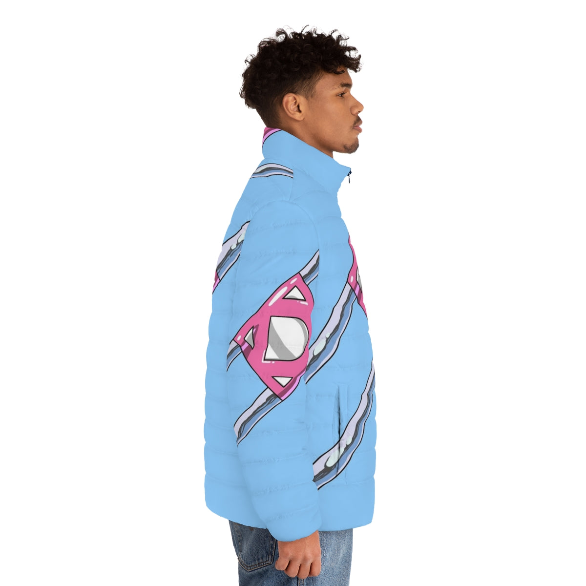 Diaperman logo puffer jacket with comic superhero design - men side right