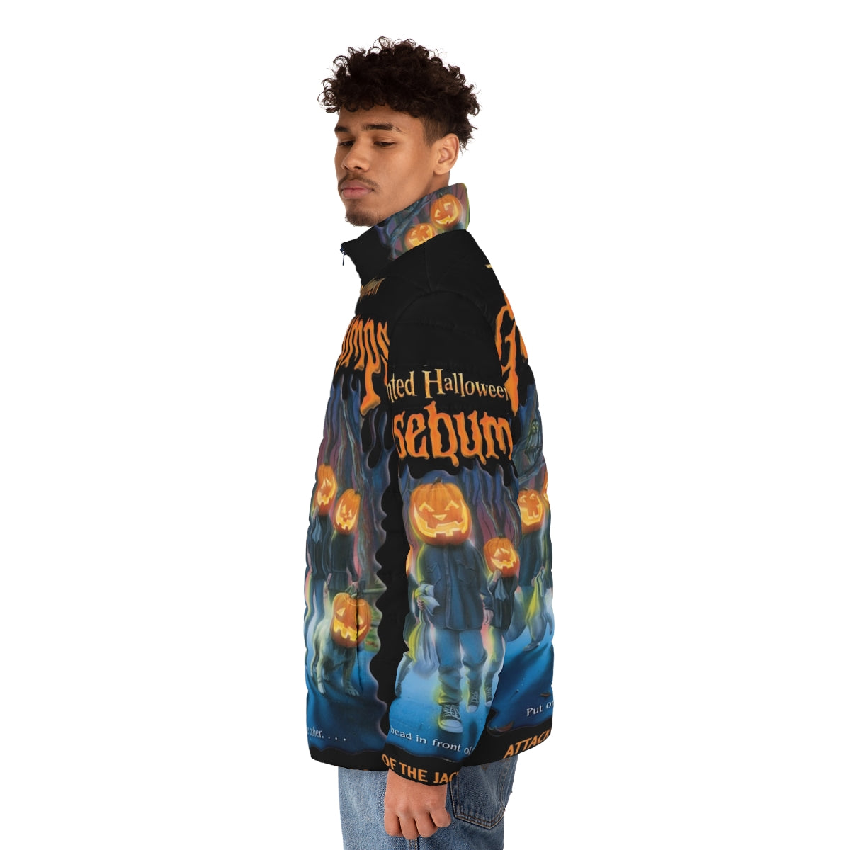 A spooky puffer jacket featuring a jack o' lantern design, perfect for a haunted Halloween costume. - men side left