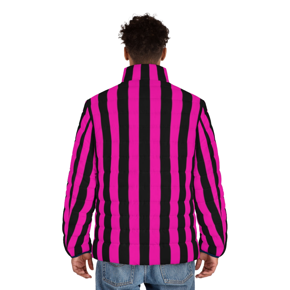 Hot pink and black striped puffer jacket - men back