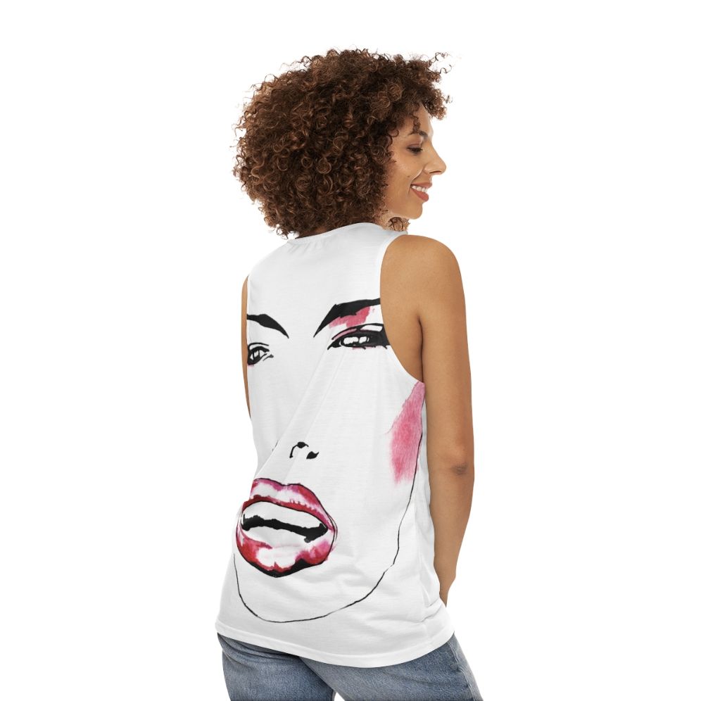 Grace Jones wearing a black and white portrait tank top - women back