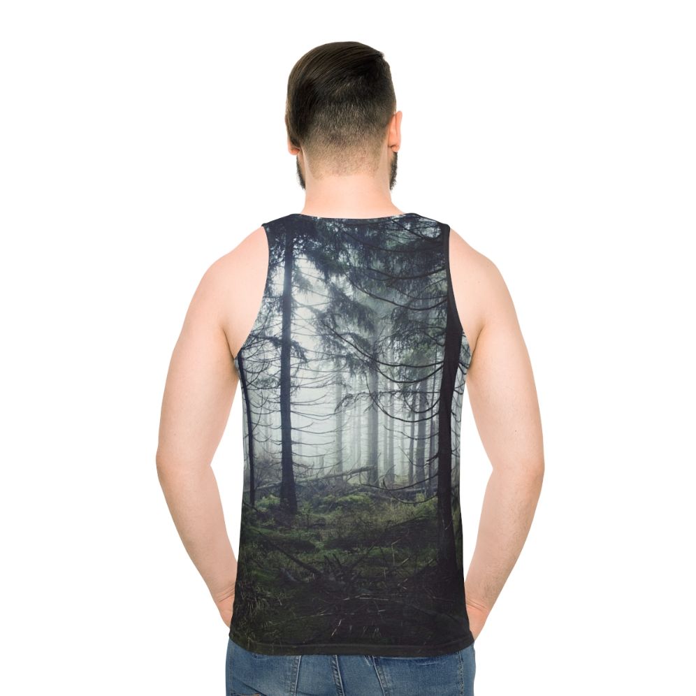 Person wearing unisex nature tank top standing in a forest - men back