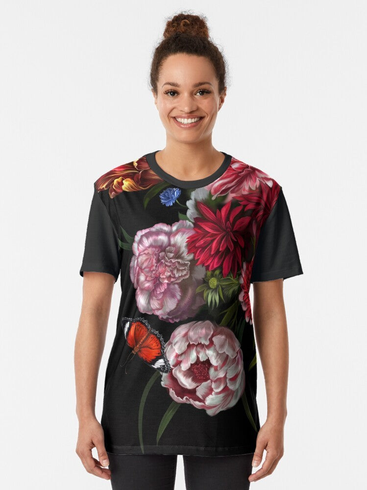 Surreal graphic tee with a glitched, floral paradise design - Women