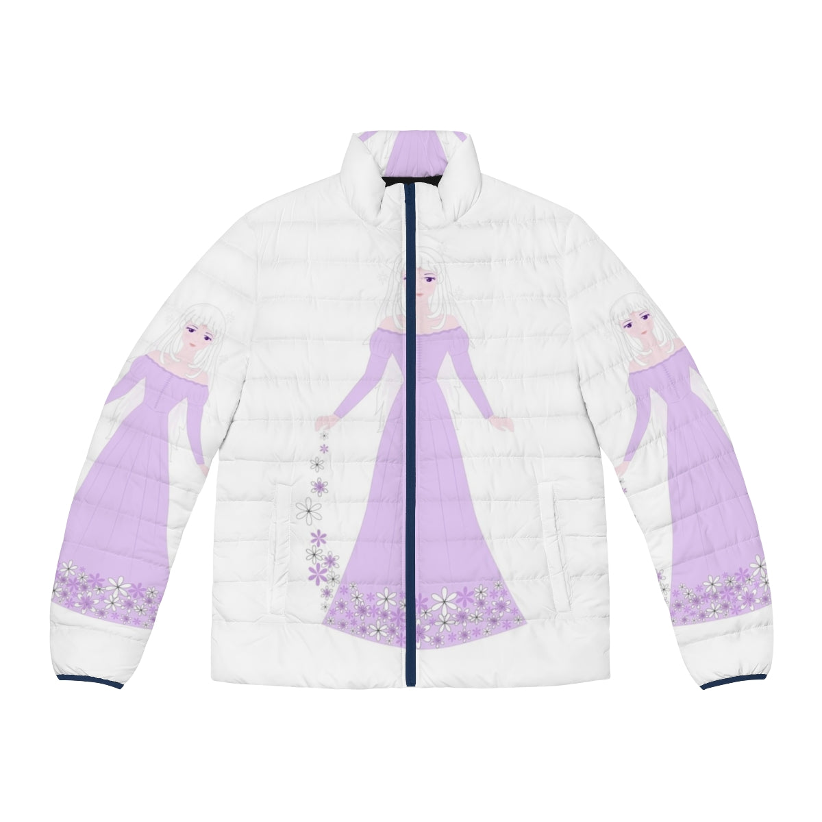 The Last Unicorn Lunar Landscape Puffer Jacket featuring a nostalgic 80s fantasy illustration of the unicorn character.