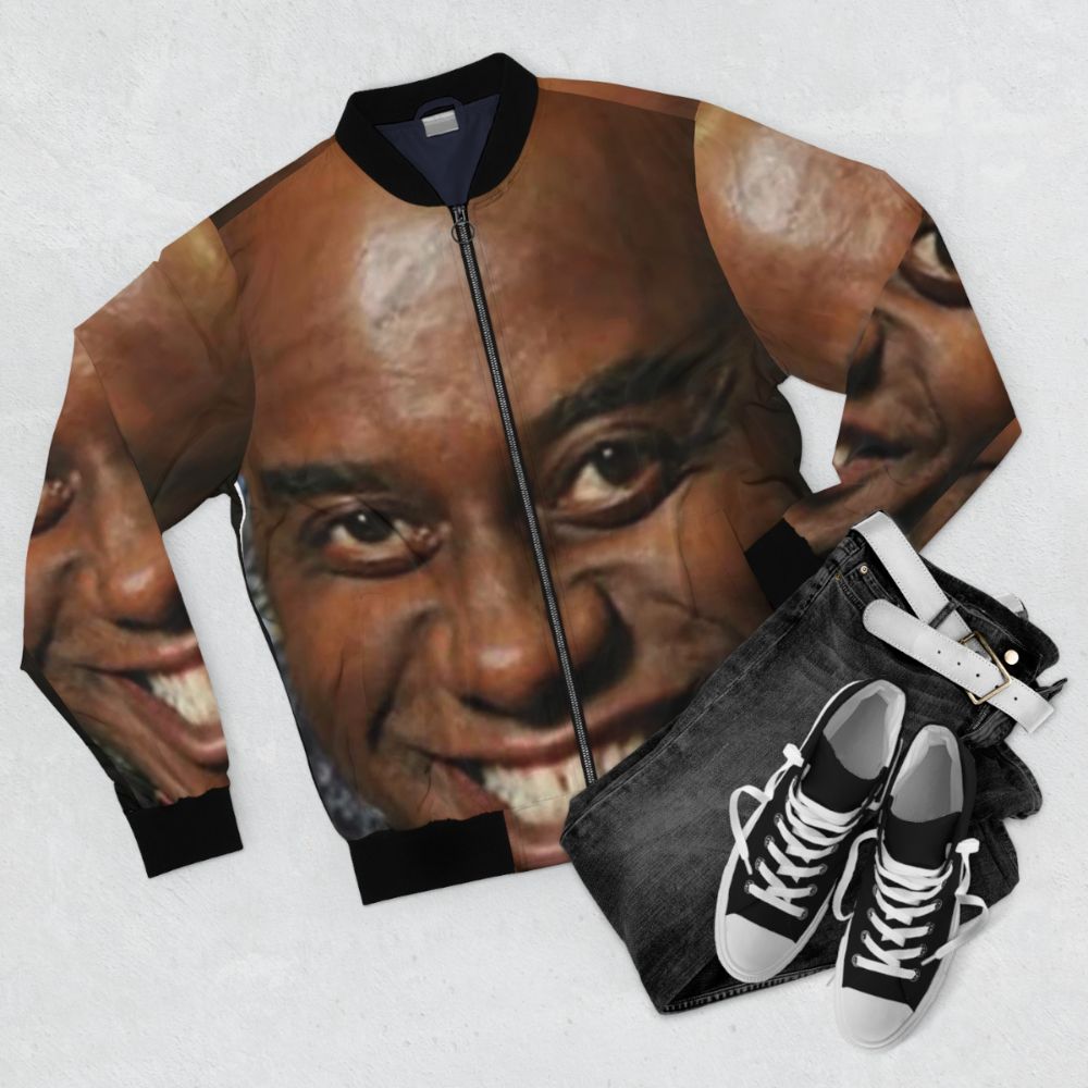 Ainsley Harriott wearing a large, greasy bomber jacket with a spicy rub for your meat - Flat lay