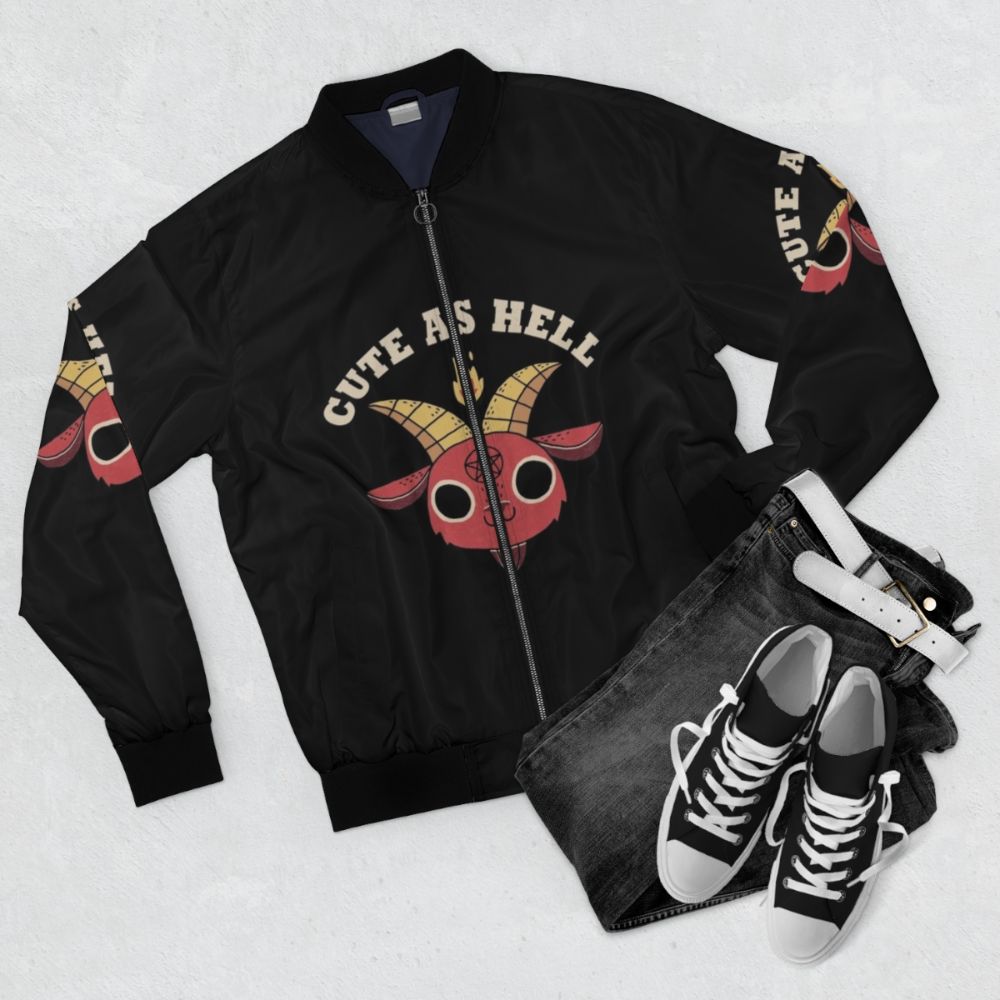 Cute devil-themed bomber jacket with retro and vintage design elements - Flat lay