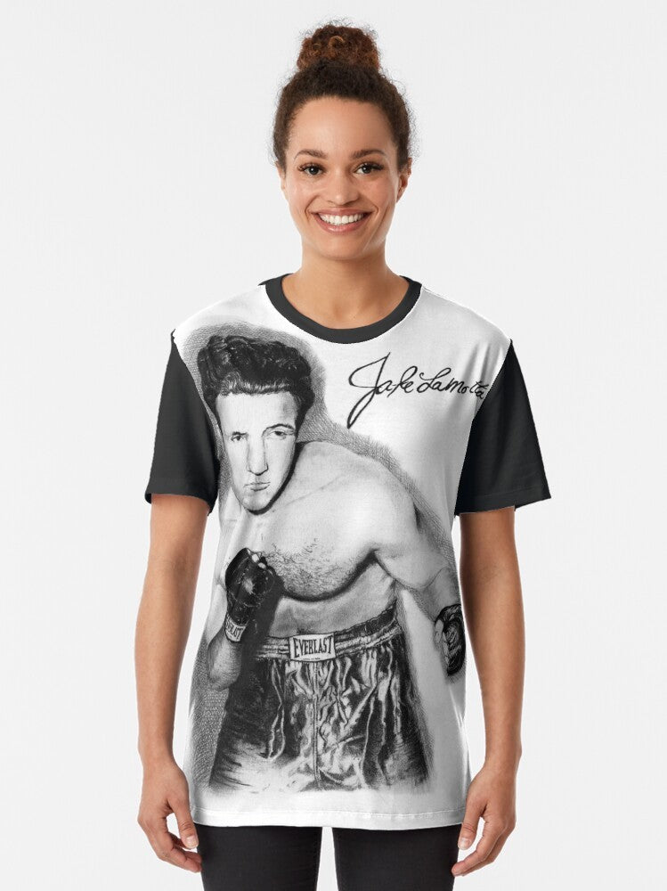 Raging Bull graphic t-shirt featuring a black and white sketch of boxer Jake LaMotta - Women