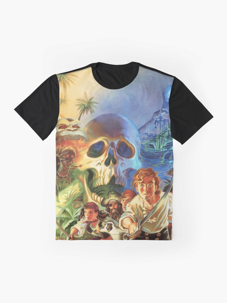 Retro "The Secret of Monkey Island" high contrast graphic t-shirt featuring pixel art design - Flat lay