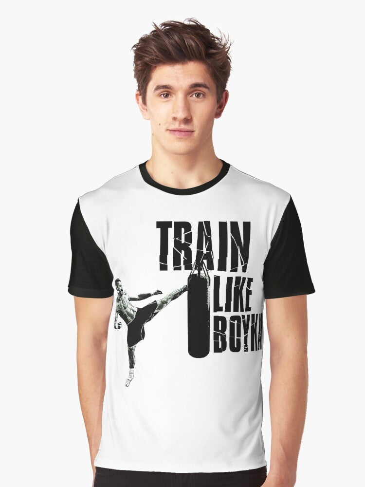 Yuri Boyka inspired graphic t-shirt with text "Train like Boyka" for hardcore training and fitness enthusiasts. - Men