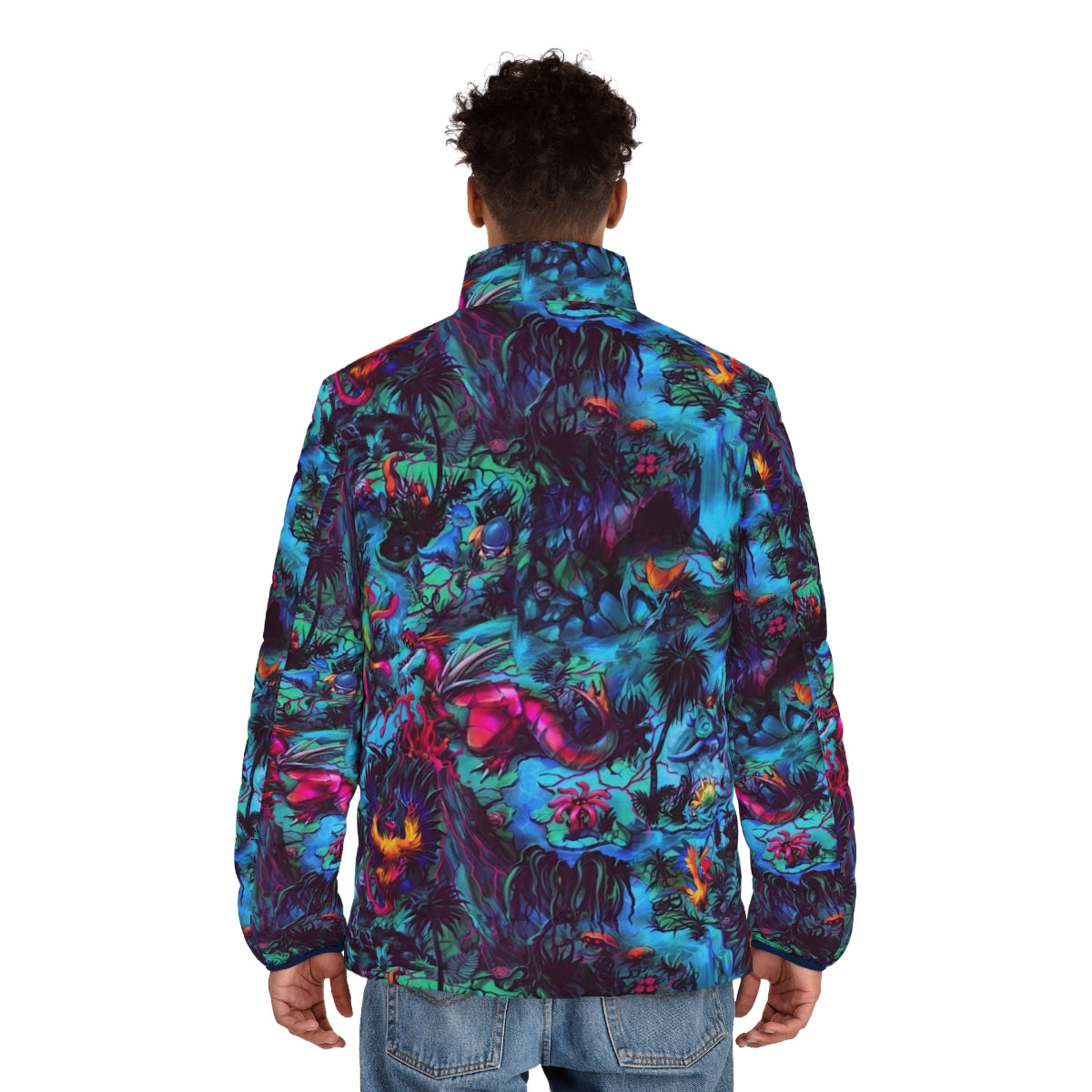 Colorful and vibrant paleo party puffer jacket featuring dinosaur and prehistoric fanart design - men back