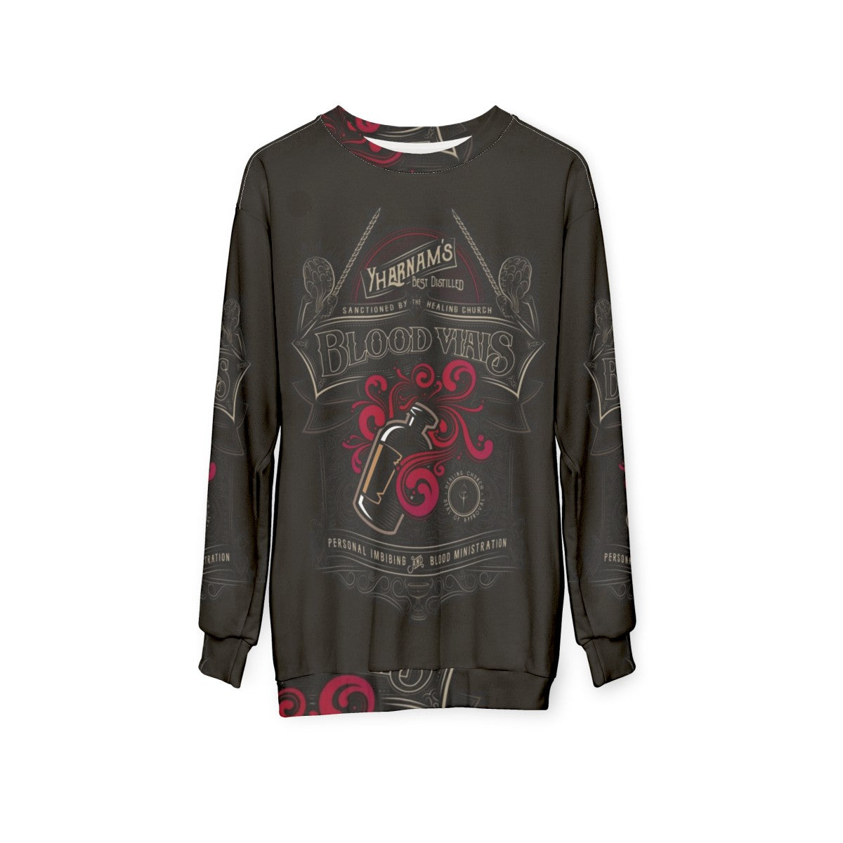 Yharnam Blood Vials Bloodborne Sweatshirt with Cosmic Horror Fanart - hanging