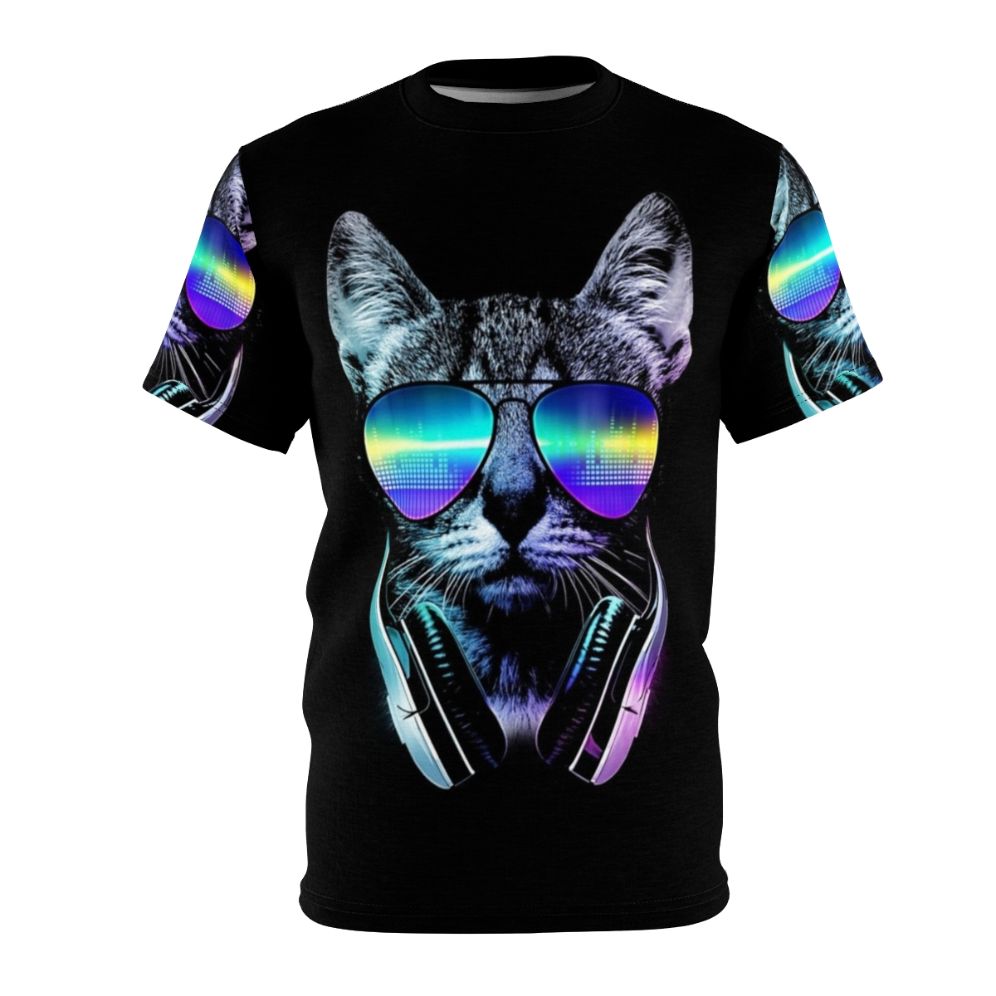 Illustration of a cat wearing headphones against a neon city skyline background on a t-shirt