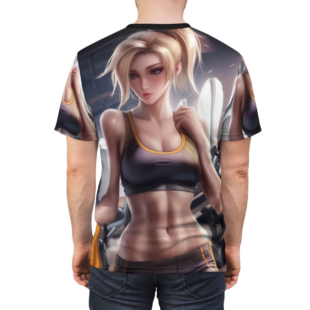 Stylish t-shirt featuring a female anime character in athletic gear for the gym or workout. - men back