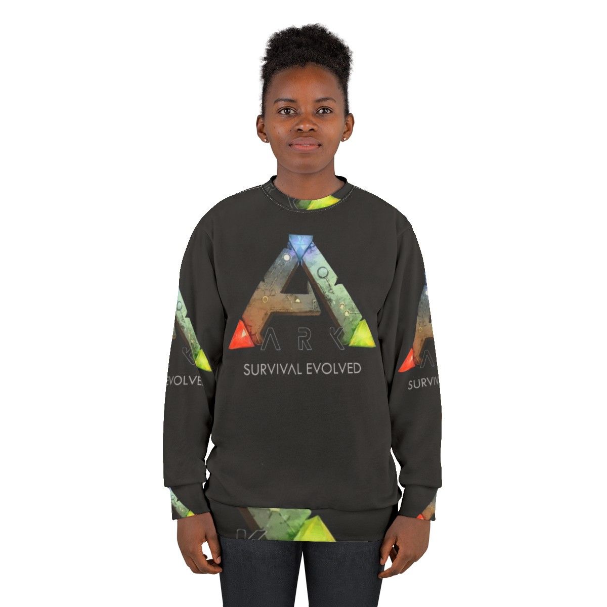 Ark Survival Evolved Sweatshirt featuring dinosaurs and video game logo - women