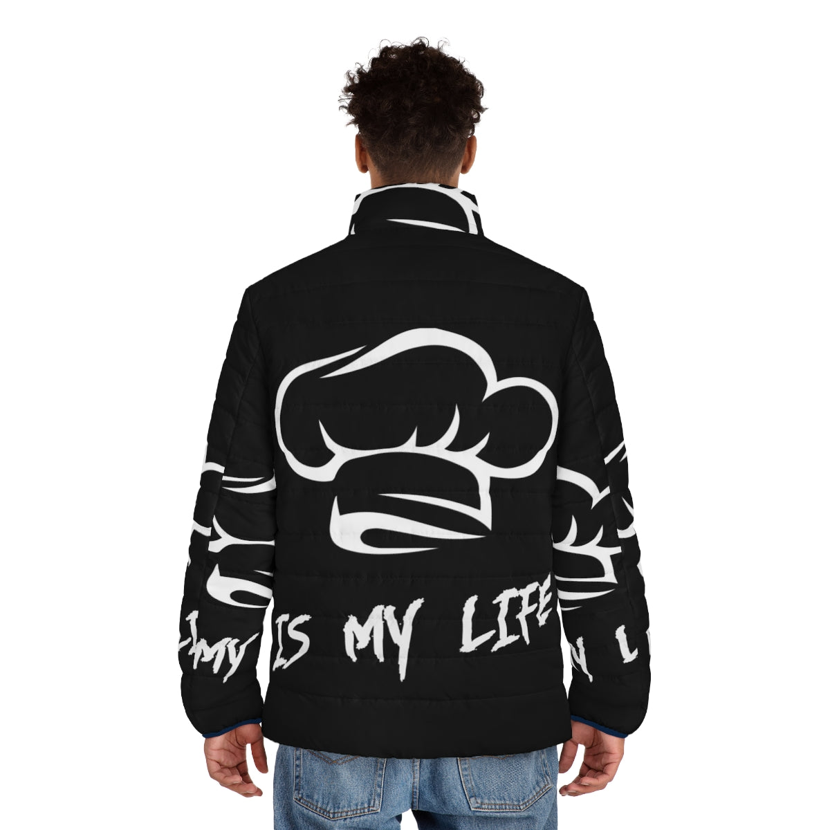 A cozy puffer jacket with the text "Cooking Is My Life" printed on it, perfect for cooking enthusiasts. - men back