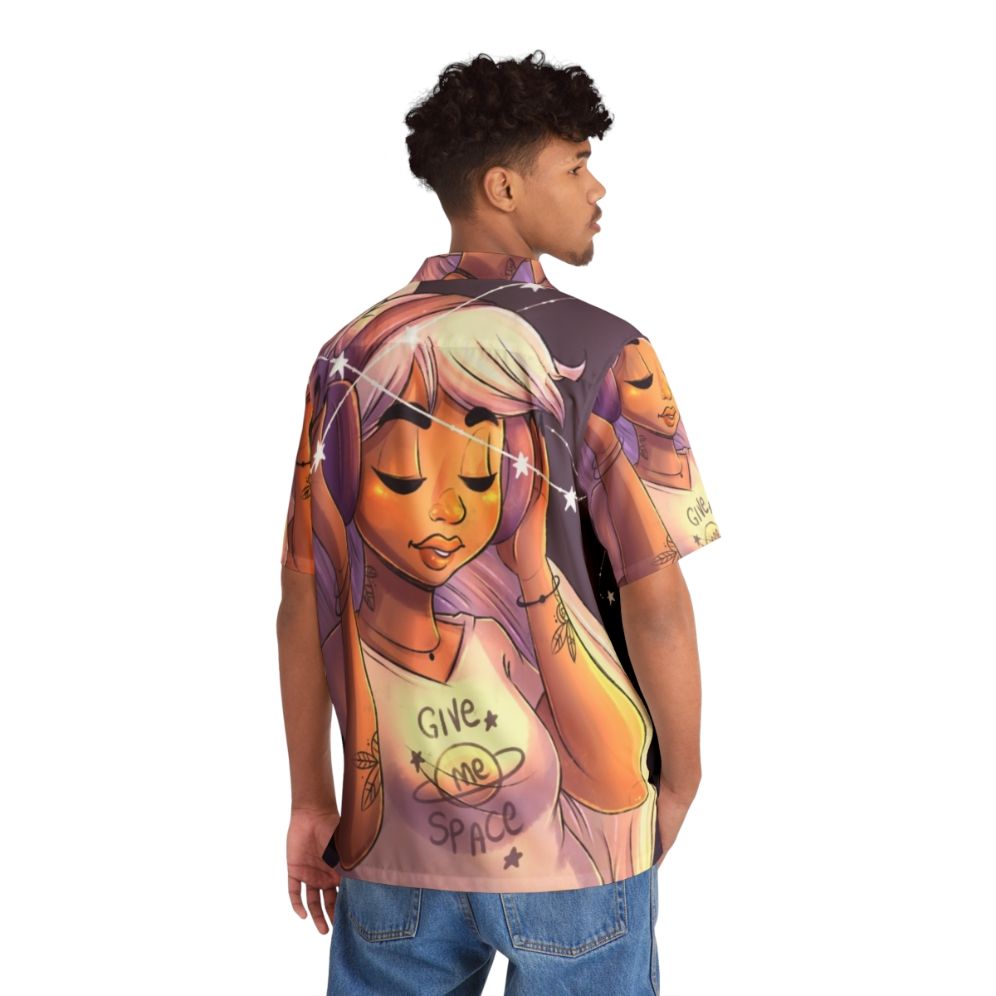 Woman wearing a give me space galaxy print hawaiian shirt - People Back