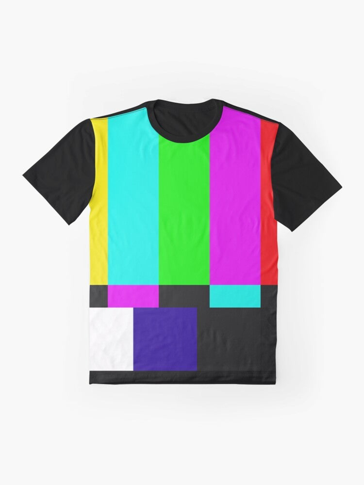 SMPTE color bars graphic design on a t-shirt, representing TV media culture - Flat lay