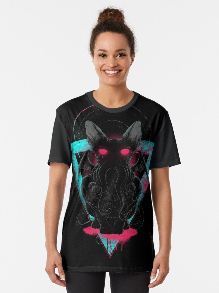 Surreal Cathulhu II graphic t-shirt featuring a cat-like creature with octopus tentacles against a grunge background. - Women