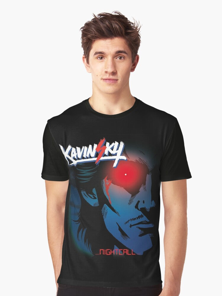 Retro 'Nightcall' graphic t-shirt featuring neon wave design and inspired by the movie 'Drive' with Ryan Gosling - Men