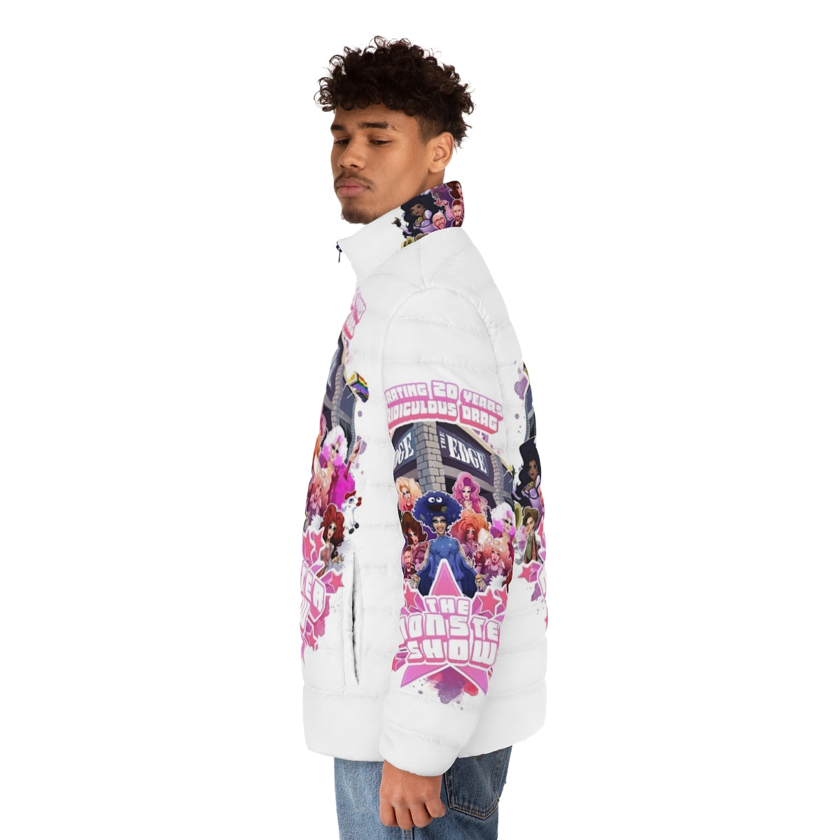 20th Anniversary Puffer Jacket featuring LGBT and drag show themes - men side left