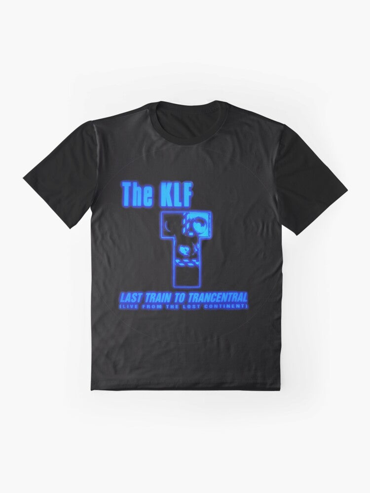 The KLF 90s graphic t-shirt featuring the "Last Train to Trancentral" design - Flat lay