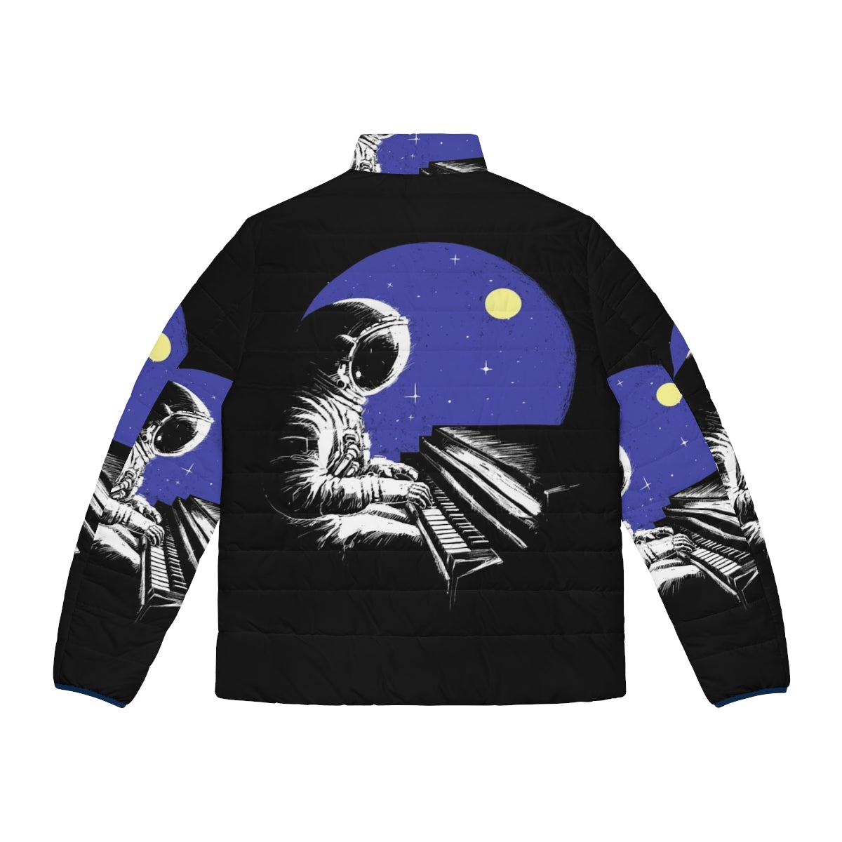 A sleek, black puffer jacket featuring a space-inspired design with stars, planets, and a cosmonaut helmet. - Back