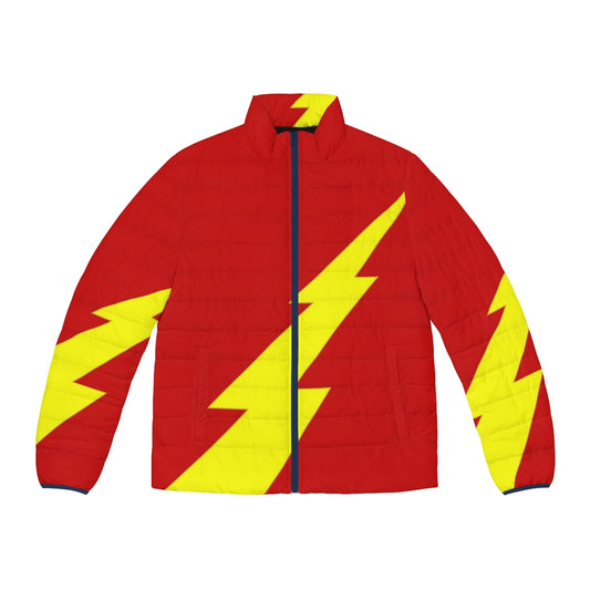 Lightning bolt puffer jacket with superhero-inspired design