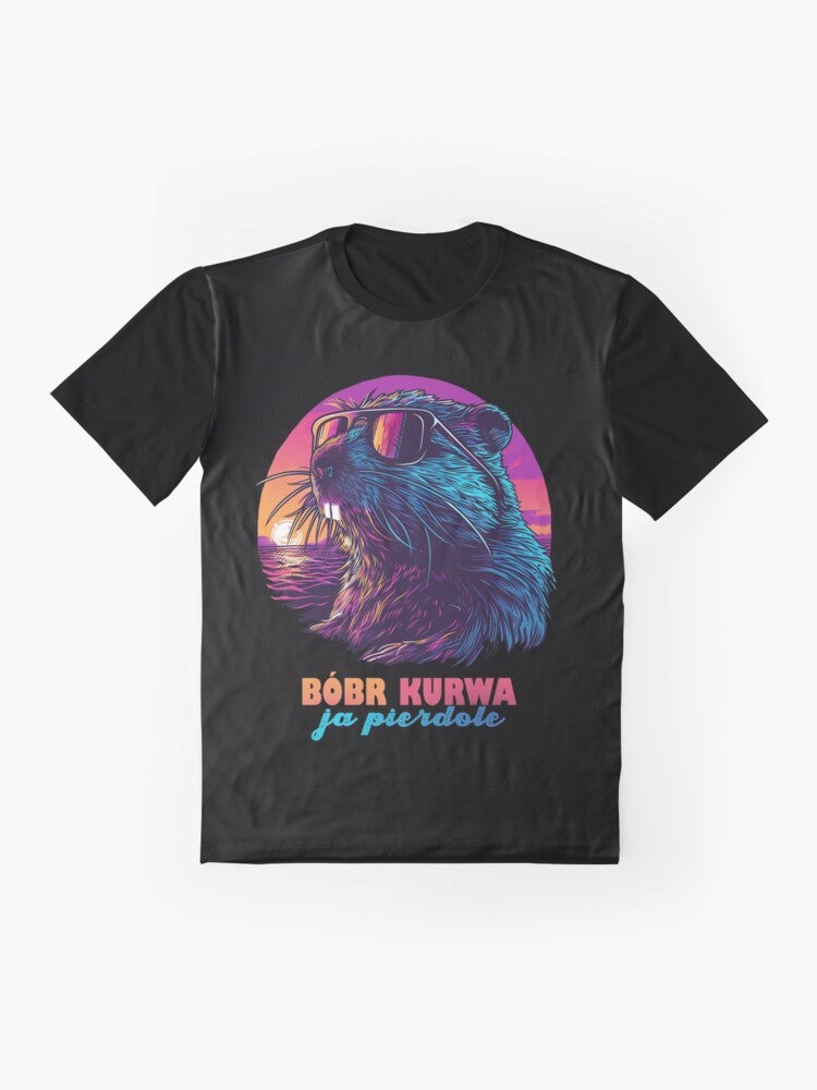 Synthwave Polish Beaver Meme Graphic T-Shirt - Flat lay