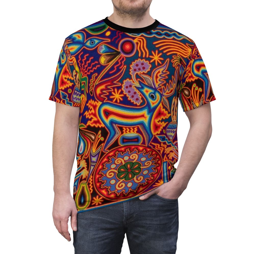 Vibrant Huichol-inspired t-shirt featuring abstract floral and skull designs - men front