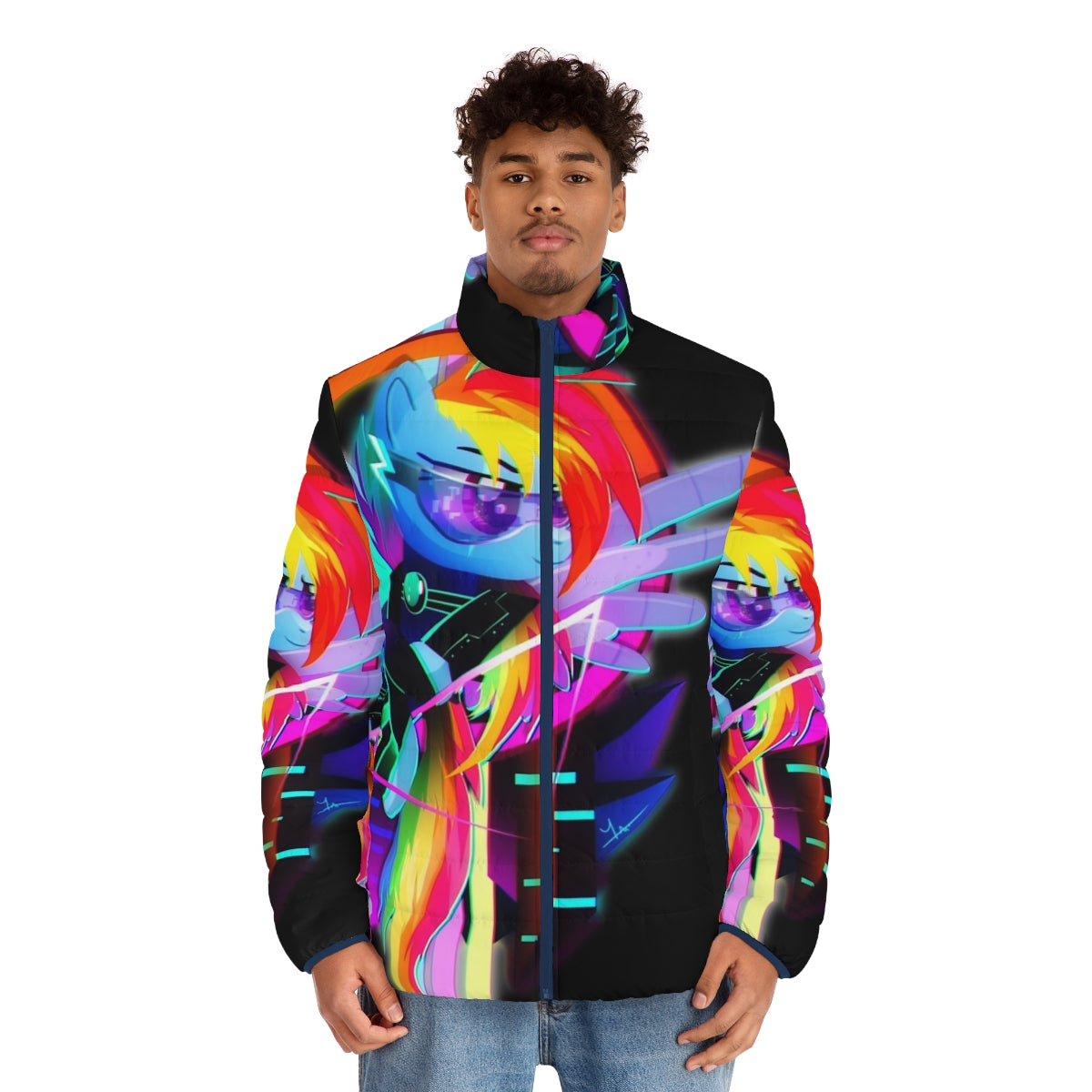 Retro 80s synthwave inspired puffer jacket featuring Rainbow Dash from My Little Pony - men front