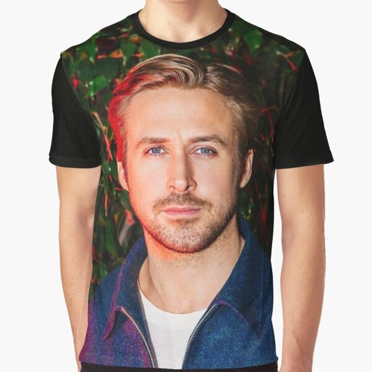 Ryan Gosling wearing a graphic t-shirt from the movie Drive