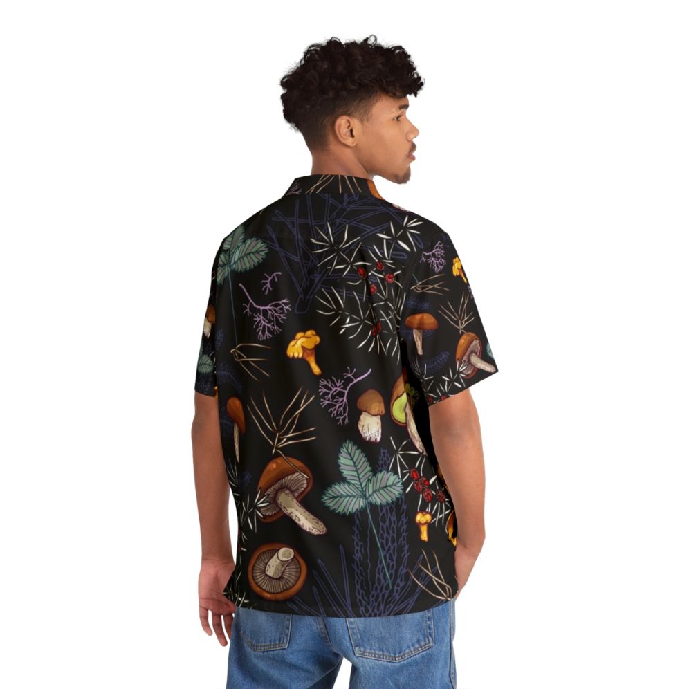 Dark Wild Forest Mushrooms Hawaiian Shirt with Autumn Leaves Nature Pattern - People Back