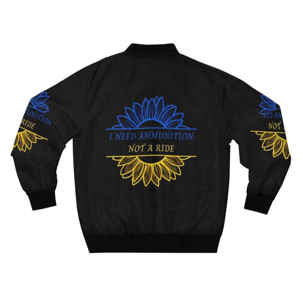 A blue and yellow bomber jacket with a sunflower design, representing the colors of the Ukrainian flag. - Back