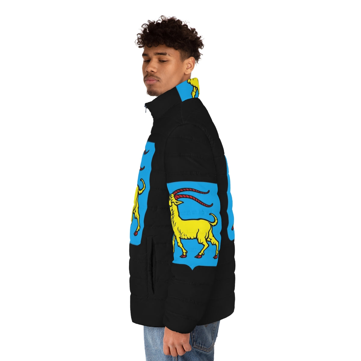 Puffer jacket featuring the coat of arms of Istria, Croatia with a heraldic goat design - men side left