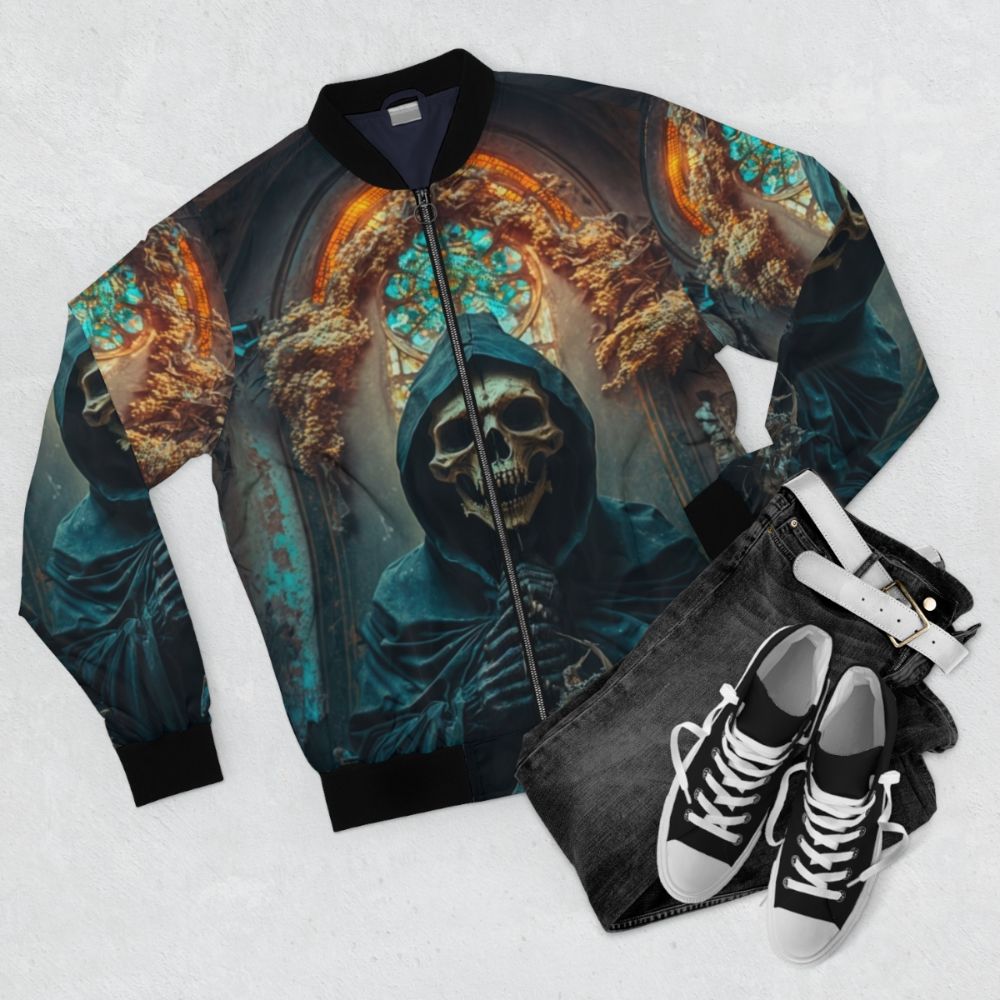 Gothic Skeleton Priest in Dark Church Bomber Jacket with Focus Keyword - Flat lay