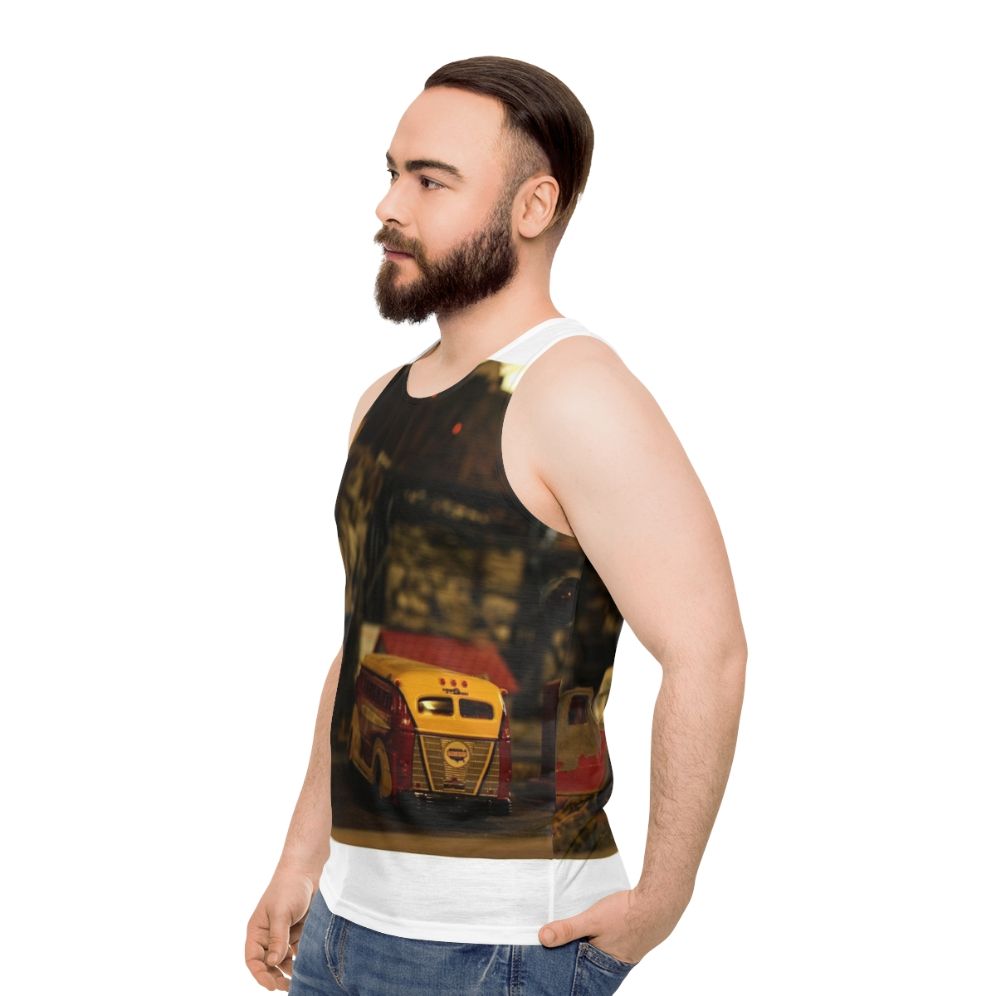 Unisex tank top with parked train design for model train hobbyists - men side