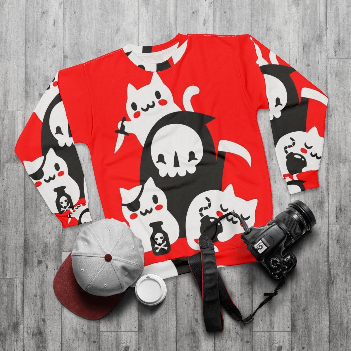 Death's Little Helpers Gothic Sweatshirt with Grim Reaper and Cats - flat lay