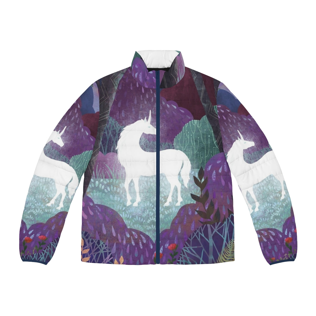 The Last Unicorn themed puffer jacket in a lavender and purple color palette