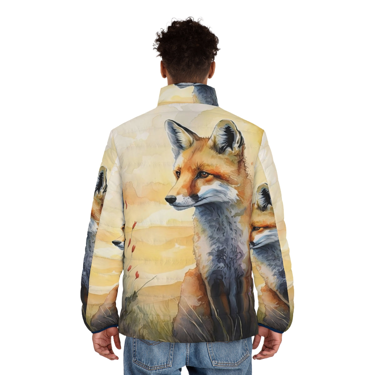 Watercolor illustration of a red fox cub in a spring puffer jacket surrounded by floral elements - men back