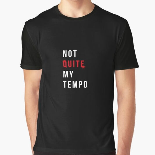 "Whiplash: Not Quite My Tempo" graphic t-shirt design featuring a drummer and the iconic phrase from the movie