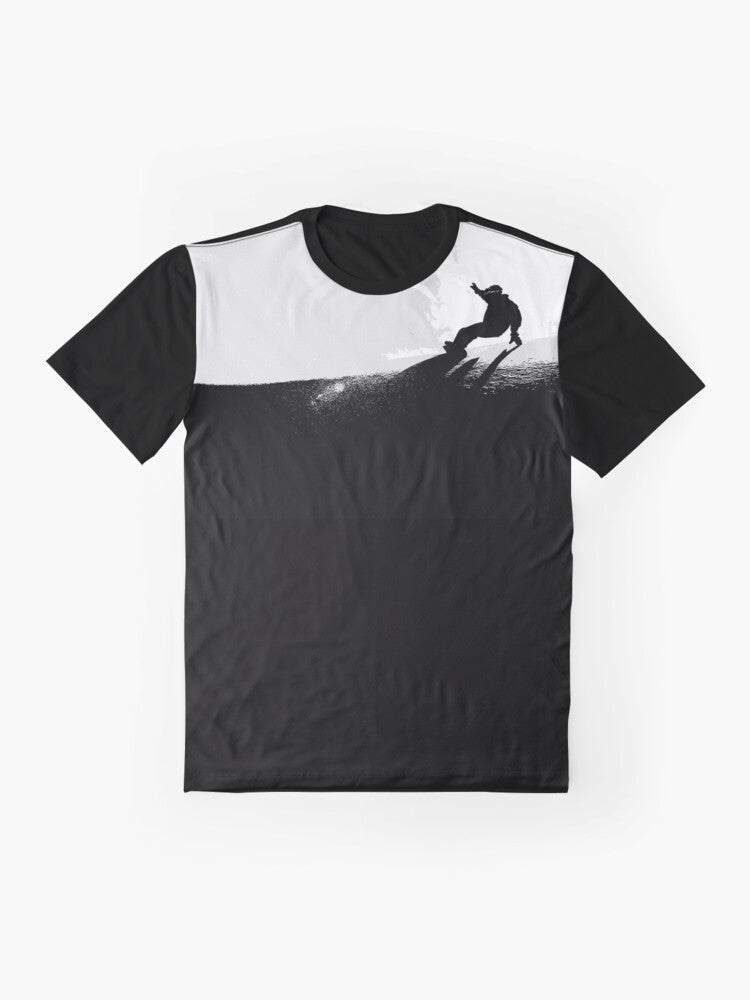 Snowboarding downhill graphic t-shirt featuring mountain and snow imagery - Flat lay