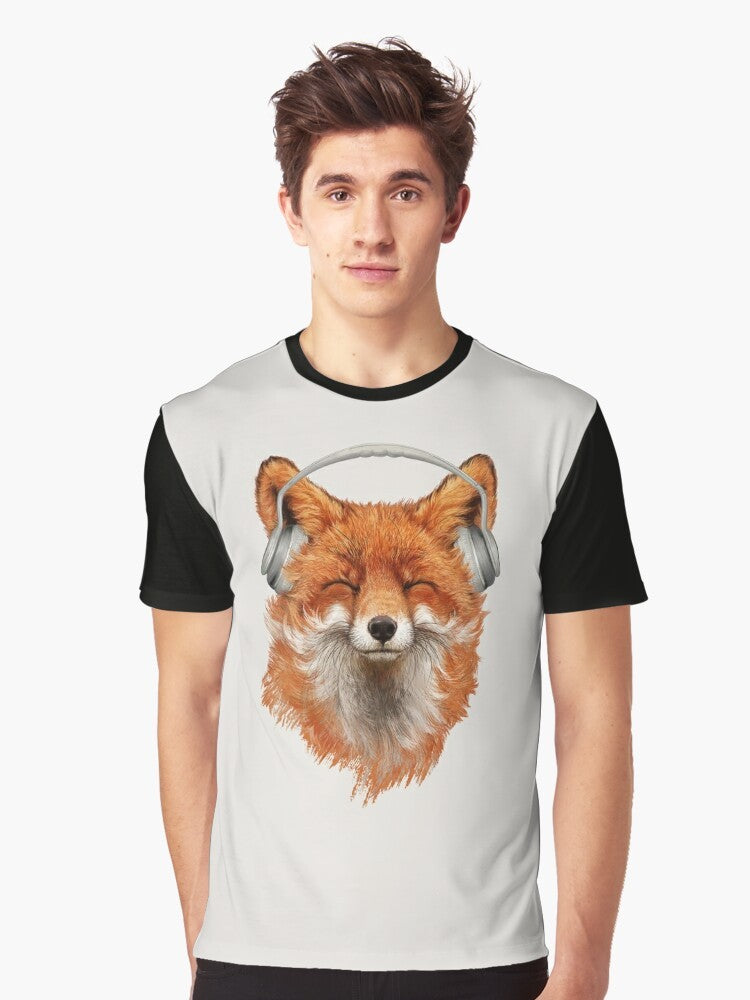 A graphic t-shirt featuring a smiling, musical fox with headphones and a mustache. - Men