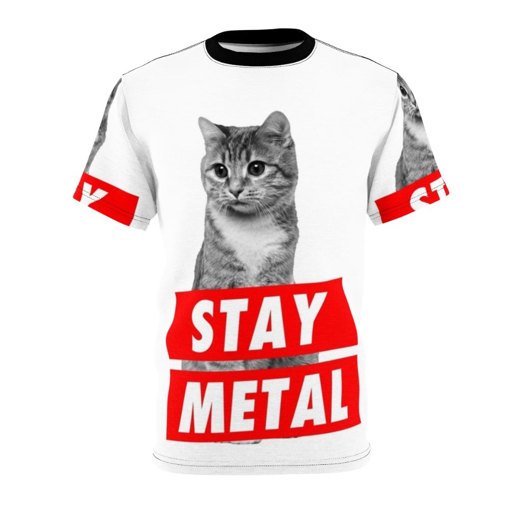 Edgy heavy metal inspired t-shirt design featuring Nic Cage meme and internet cat graphics