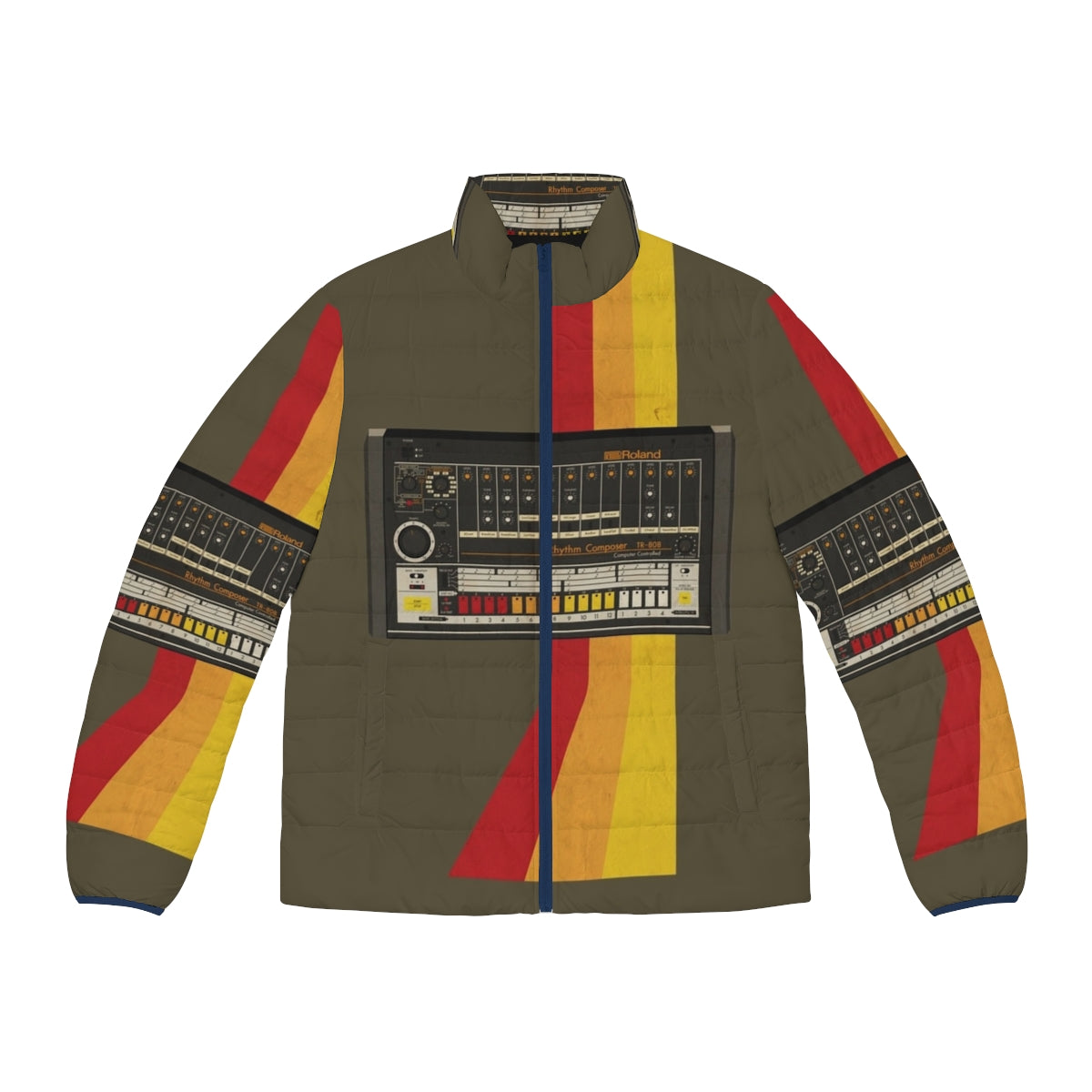 Retro 808 puffer jacket with synthesizer and drum machine design