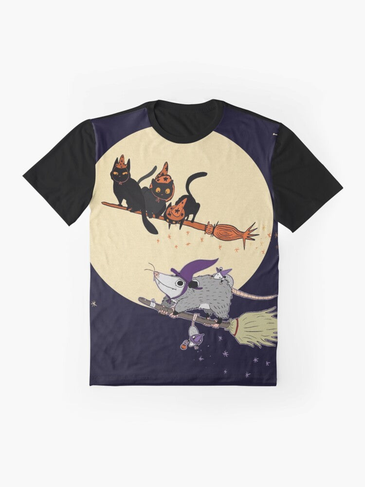 Illustration of a cute cartoon opossum in a witch's hat and cape, sitting next to a black cat. - Flat lay