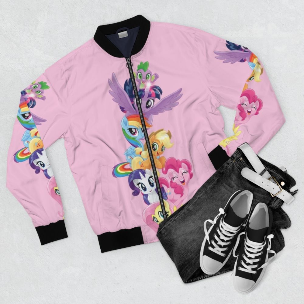 My Little Pony themed bomber jacket with various pony characters - Flat lay