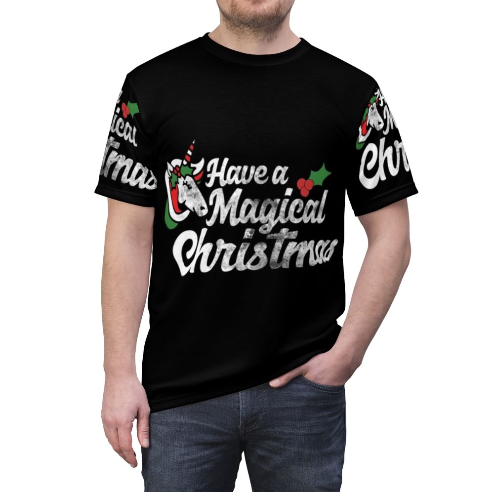 Magical Christmas Unicorn T-Shirt featuring a retro-inspired design with a cute unicorn - men front