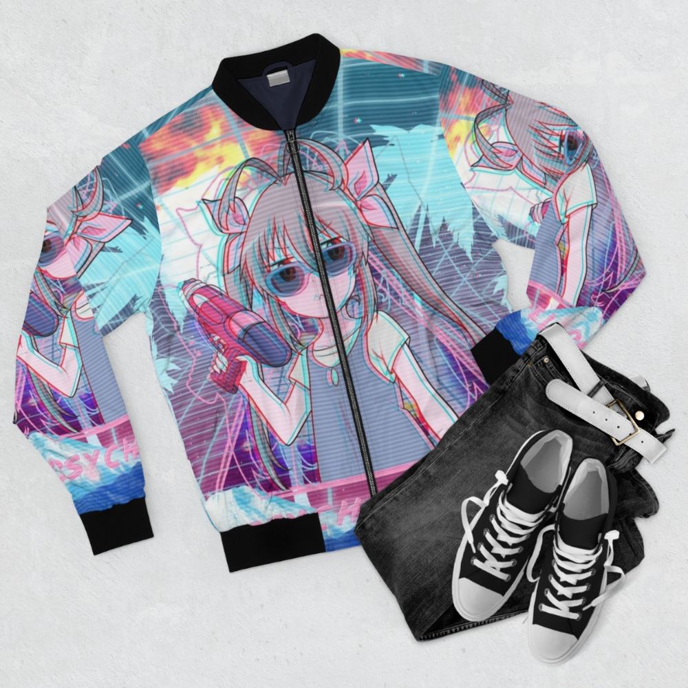 Psychedelic bomber jacket with anime-inspired design, featuring blue and pink colors, twin tails, and synthwave/vaporwave elements. - Flat lay